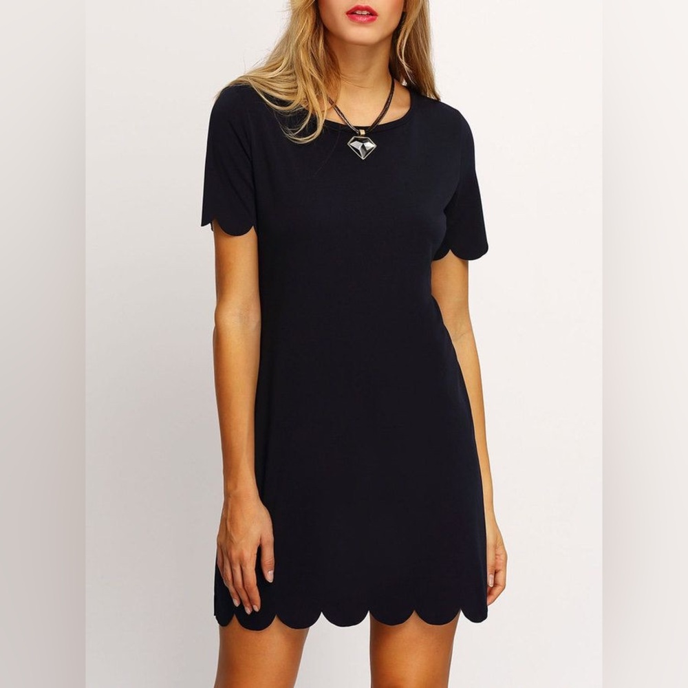 Jenny Boston Black Mini T Shirt Dress Scallop Hems Size Large